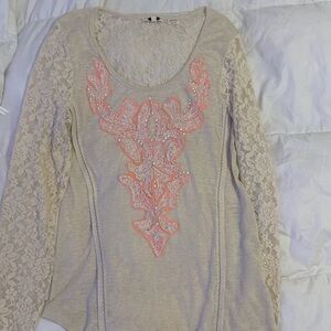 Women's Medium Miss Me Long Sleeve Cream & Pink Lacy & Beaded & Bling XL top
